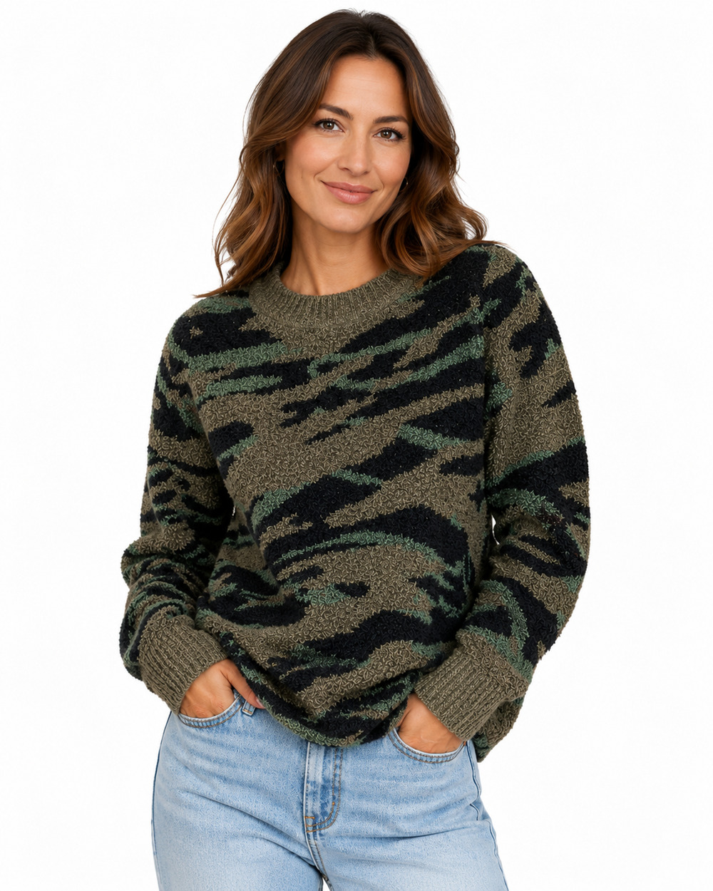 NWT  Barefoot Dreams CozyChic Seaside Crew Neck Pullover Green Camo Size L
